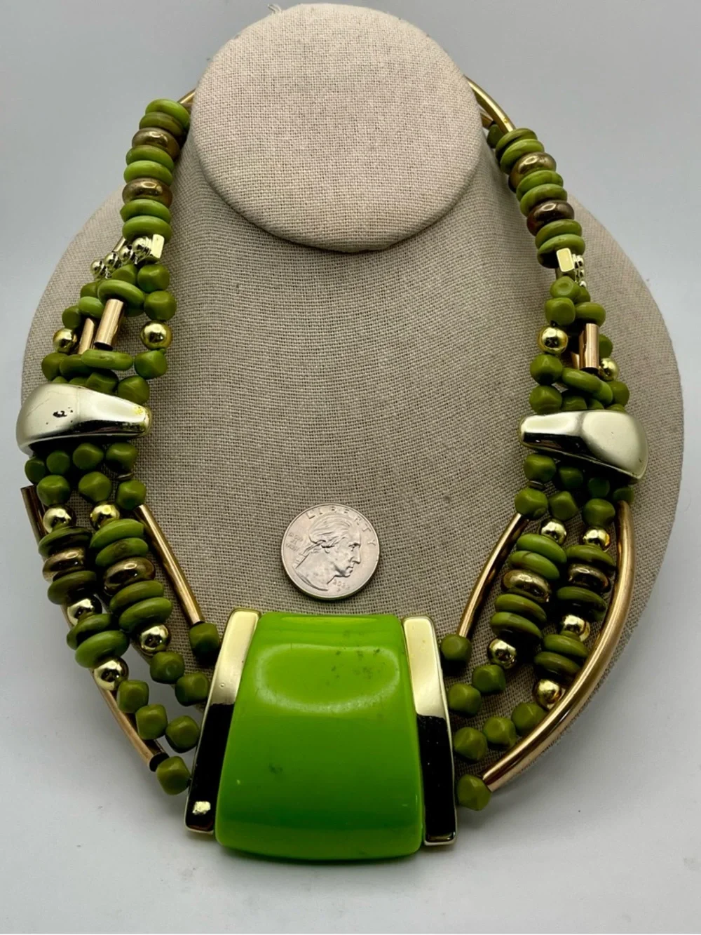Vibrant Lime Green and Polished Gold Tone Multi Strand Statement Bib Necklace - Picture 12 of 15